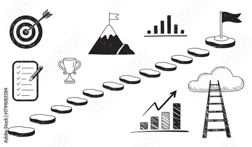 Hand-drawn business concept icons including target steps and ladder vector illustration for success and achievement isolated on white background