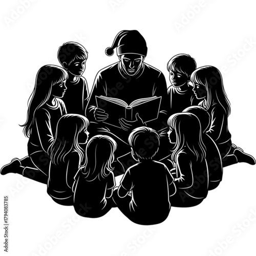 Man in a nightcap reading a bedtime story to a circle of children.