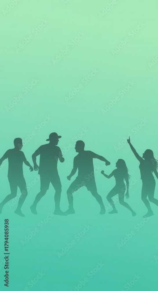Fototapeta premium Silhouettes of active people engaged in energetic movement against a soft gradient background