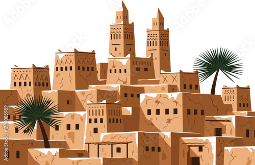 Traditional Mud-Brick Kasbah Village Vector Illustration with Ancient Adobe Architecture, Desert Minarets, and Palm Trees, Evoking Moroccan Heritage