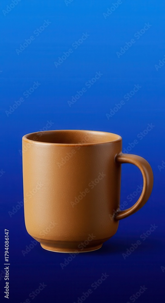 Obraz premium Simple matte brown ceramic mug centered against a dark blue gradient background