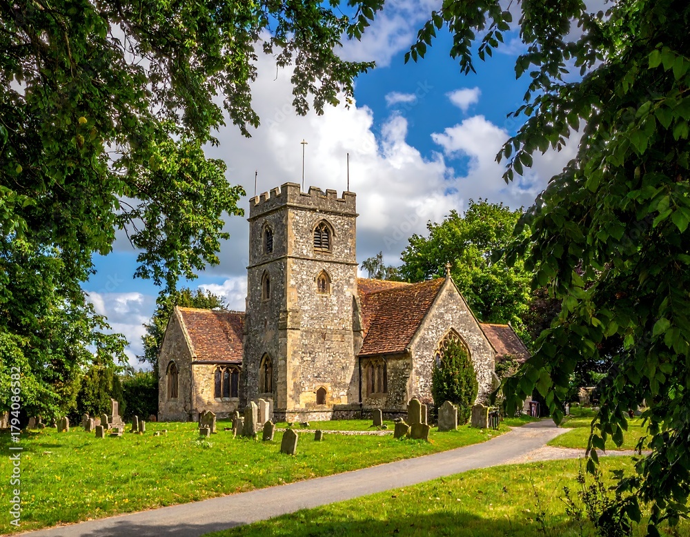 Fototapeta premium A tranquil English church framed by vibrant green foliage