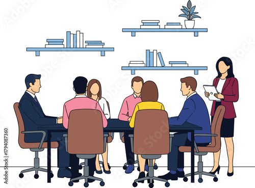 Group of Diverse Business Professionals in a Modern Conference Room Meeting, Collaborating Around a Table for Strategy, Discussion, and Teamwork Vector Illustration