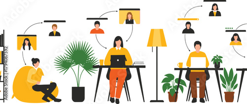 Remote Work and Video Conference Vector Illustration Showing a Distributed Team Collaborating from Home Office, Highlighting Global Communication and Digital Connectivity