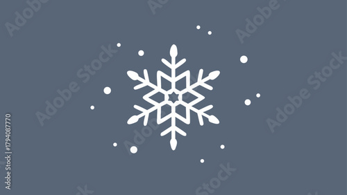 A white snowflake with six points surrounded by white dots on a gray blue background in a simple design
