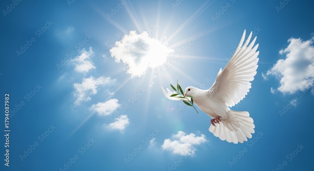 Fototapeta premium Dove of peace flying in the sky with olive branch symbol of hope