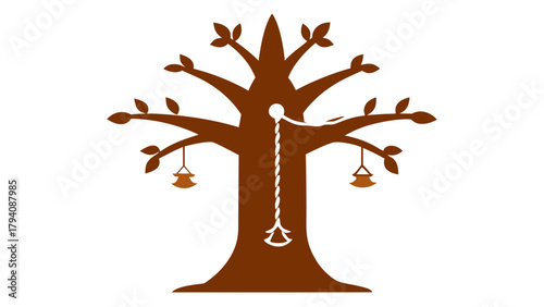 Illustration of a brown tree with hanging ornaments and a swing suspended from a rope on a white background