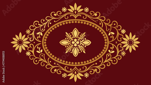 Ornamental frame with floral elements and oval shape on a maroon background is visually appealing