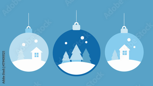 Three christmas ornaments with winter scenes inside hanging against a blue background in a vector image