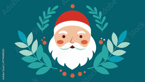 Illustration of santa claus face with red hat and white beard surrounded by green leaves and red dots