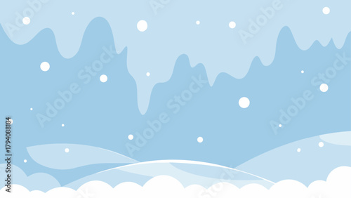 Illustration of a winter landscape with snow covered hills and falling snowflakes in a light blue sky