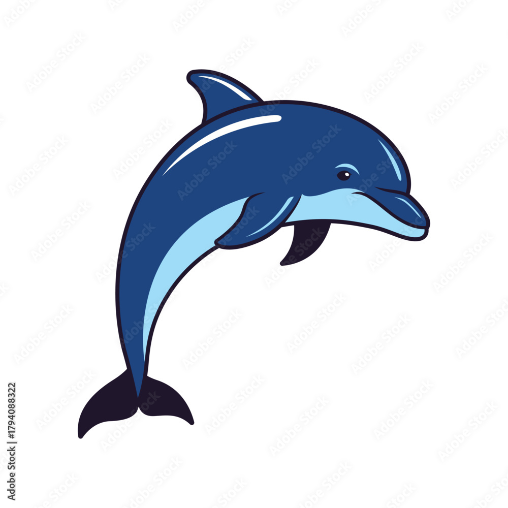 Fototapeta premium Vibrant blue dolphin illustration joyfully leaping in a dynamic pose, capturing the essence of marine life and ocean adventures, ideal for various design projects and children's themes