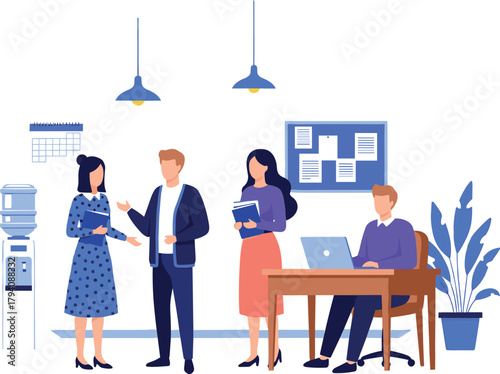 Modern Office Workspace Vector Illustration Showing Professionals Collaborating and Working Together, Featuring a Desk, Water Cooler, and Bulletin Board, Representing Corporate Teamwork