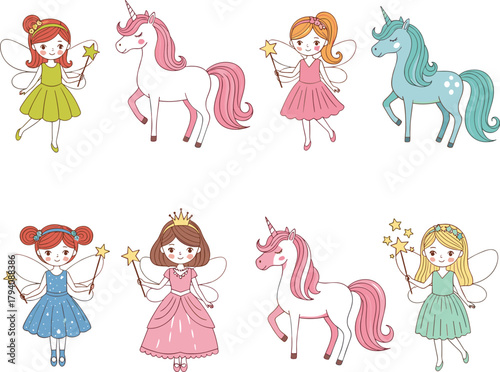 Set of Cute Whimsical Fairies and Unicorns Vector Illustration in Pastel Colors, Perfect for Children's Book Design, Birthday Invitations, and Fantasy Decor