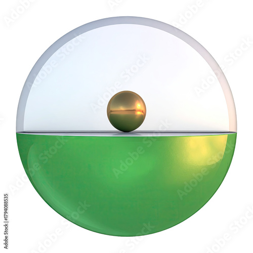 Round object w/ green base, clear top. Ball in middle