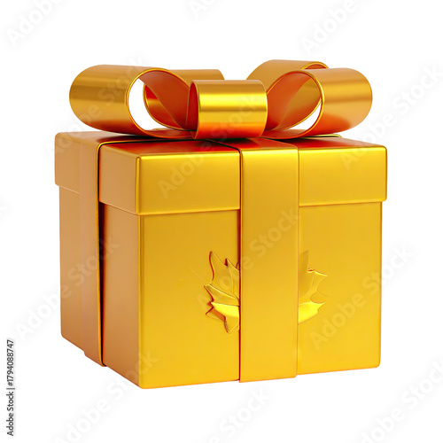 Gold gift box with orange ribbon and maple leaf shape