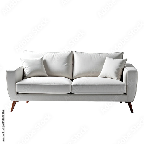 Sleek white sofa with pillows, minimal design