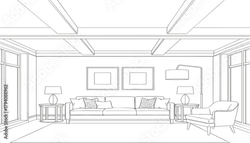 Vector Outline Sketch of a Classic Contemporary Home Furniture Layout, Ideal for Home Staging Presentation, Renovation Project Illustration, and Coloring Book Design.