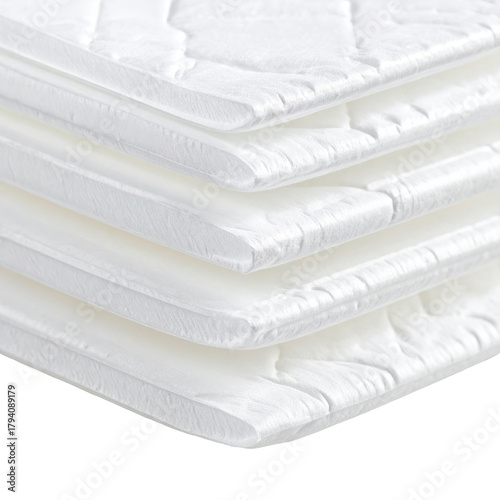 Stack of white, quilted mattress toppers, angled view