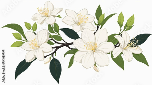 White jasmine bouquet with green leaf and floral decoration vector pattern illustration