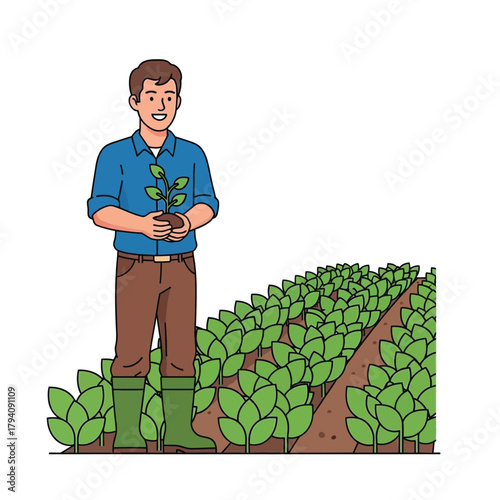 Farmer Holding Sprout in Field Illustration