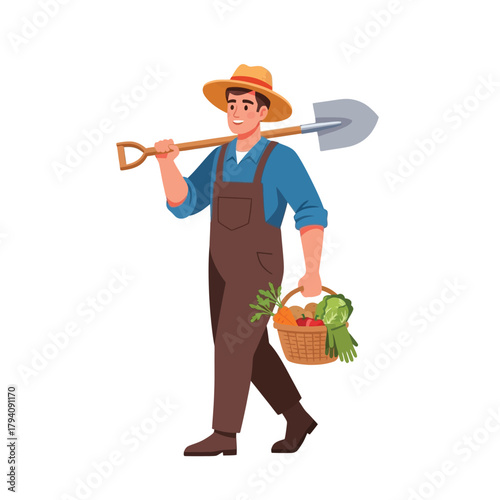 Farmer Illustration Carrying Shovel and Basket of Harvested Vegetables