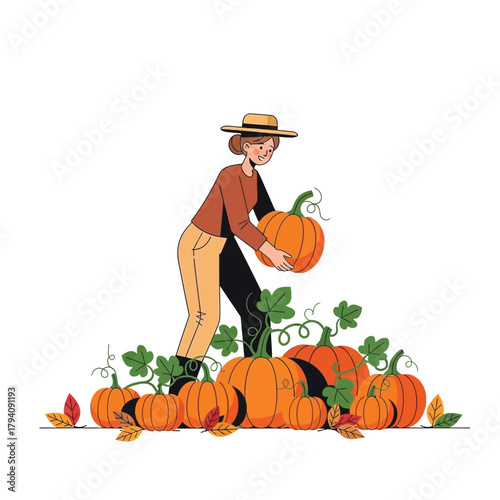 Harvest Celebration A Woman Gathering Pumpkins on a Fall Day