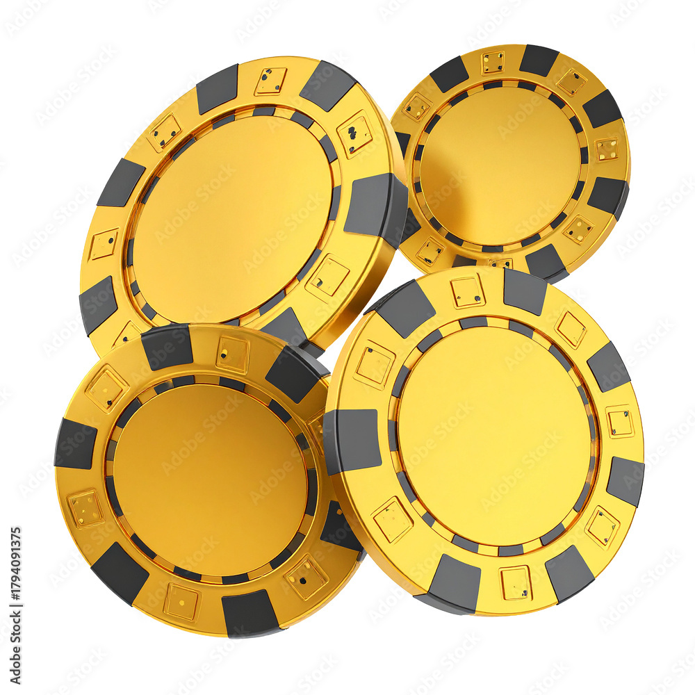Naklejka premium Golden Casino Chips: A collection of meticulously crafted, golden casino chips, each gleaming with intricate design, ready for a thrilling game.