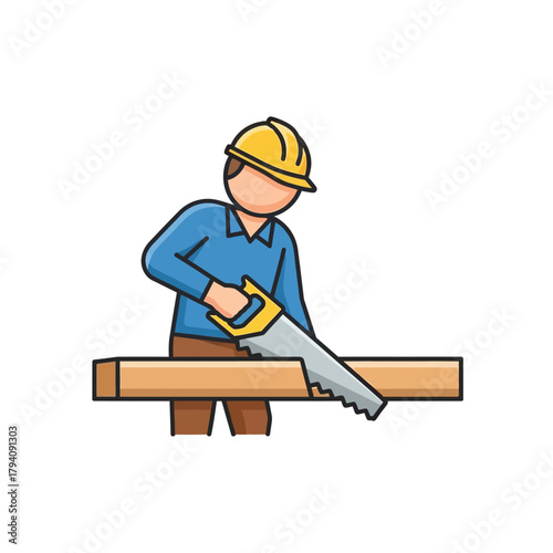 Construction Worker Sawing Wood Plank Vector Illustration