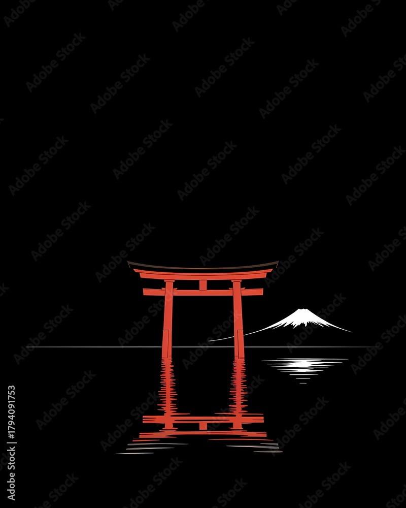 Naklejka premium Minimalist Vertical Torii Gate Light on Dark Fuji Lake