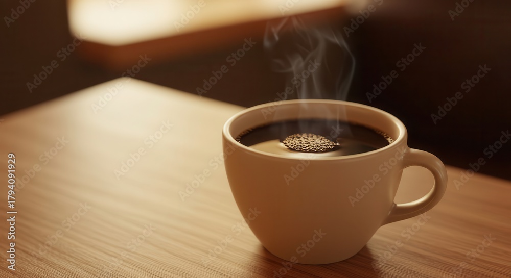Obraz premium Steaming dark coffee rests in a beige ceramic cup on a wooden surface.