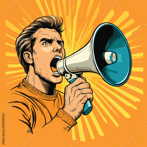 Comic art with man screaming in megaphone making announcement   , vector style simple color