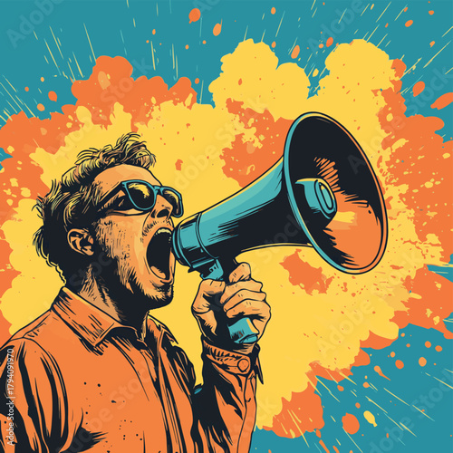 Comic art with man screaming in megaphone making announcement   , vector style simple color