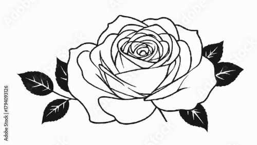 Black rose vector illustration isolated on white, a vintage floral design pattern for seamless art decoration or silhouette tattoo drawing