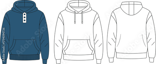 Hooded sweatshirt design, pullover hoodie, button placket, kangaroo pocket, ribbed cuffs, fashion sketch, garment illustration, front and back view