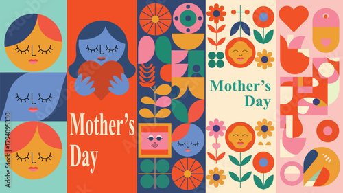 Mother’s Day Vector Poster Set — Colorful Geometric Floral Illustrations and Abstract Portraits