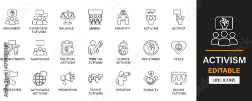 Activism editable line icons pack. Protest, justice, advocacy, equality, rights, freedom, campaign, movement, awareness, solidarity, democracy and more icons.