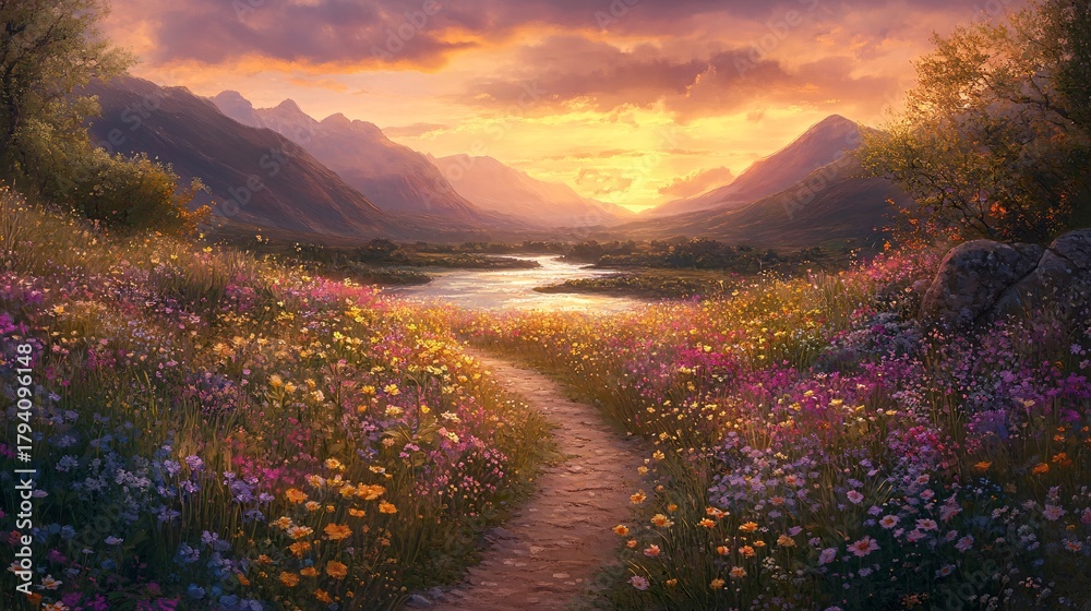 Fototapeta premium Mountain Valley Path Through Vivid Wildflower Meadow