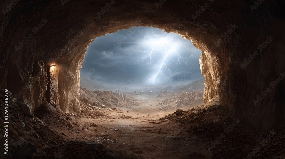 Fototapeta premium View from a dark cave entrance looking out at a dramatic thunderstorm with lightning over an arid rocky landscape