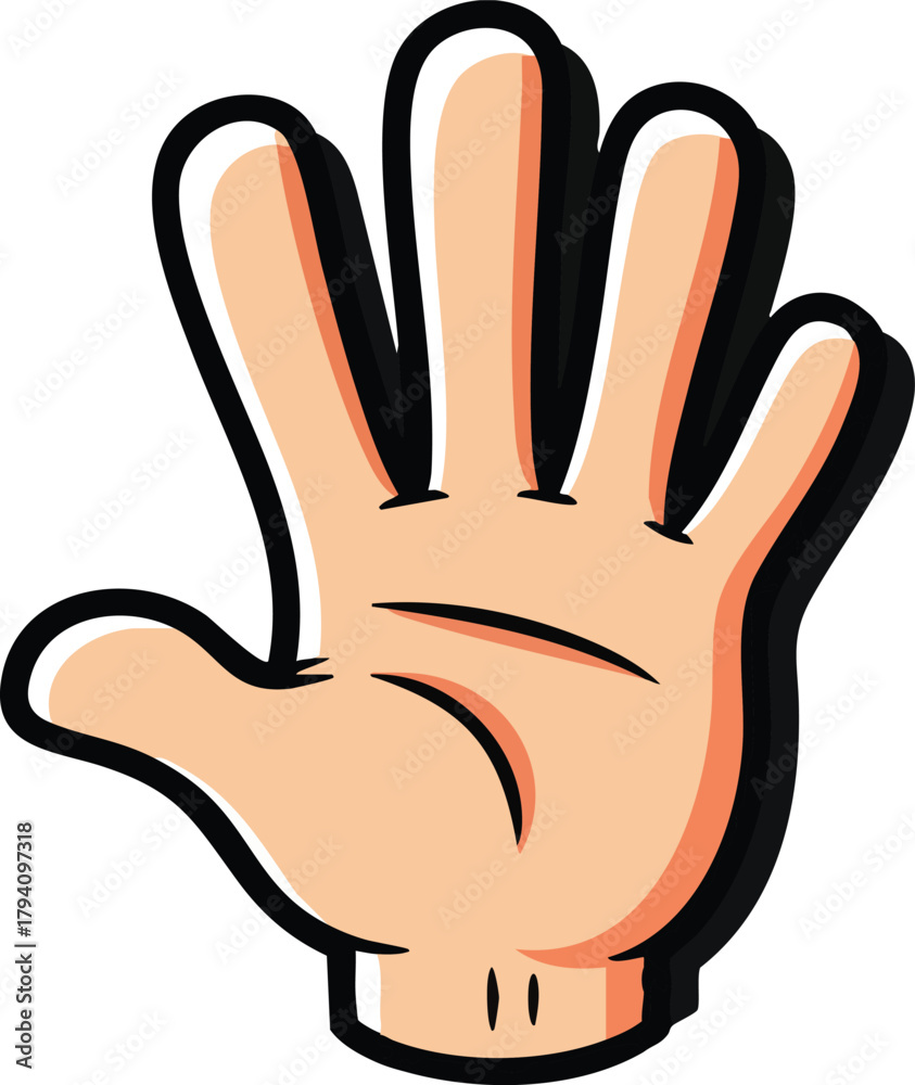 Fototapeta premium Cartoon Hand With Four Fingers Extended And Thumb Outlined In Black Isolated On White
