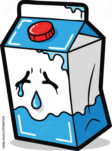 Sad Cartoon Milk Carton Crying Blue Tears And Dripping Liquid With Red Cap