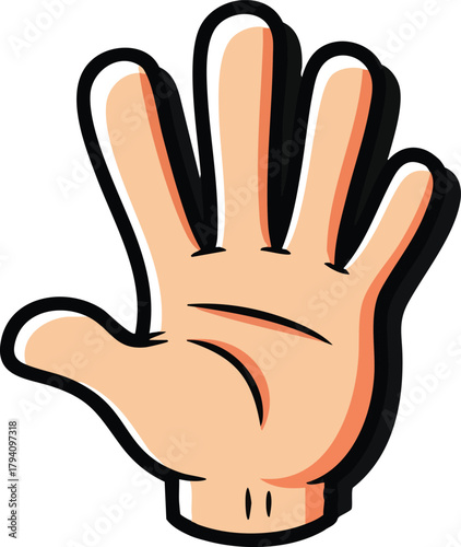 Cartoon Hand With Four Fingers Extended And Thumb Outlined In Black Isolated On White