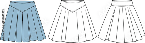 Pleated skirt design, box pleats, knife pleats, V-seam detail, fashion illustration, garment construction, waistband styles, textile sketch, clothing template
