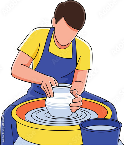 Man Wearing Yellow Shirt and Blue Apron Molding Clay on Pottery Wheel
