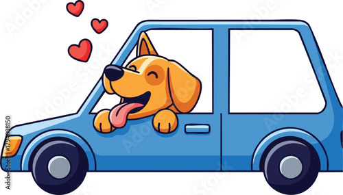 Pixel Art Dog Joyfully Rides In Blue Car With Hearts Floating Around Its Head