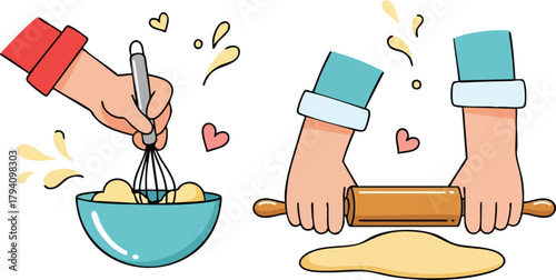 Hands Kneading Dough With Rolling Pin And Whisking Ingredients In Bowl