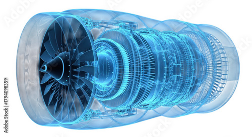 X-ray blueprint of a modern jet engine showcasing internal parts