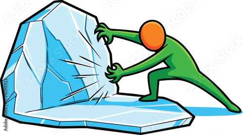 Green Figure Pushing Blue Ice Block With Orange Head And Green Body In A White Background