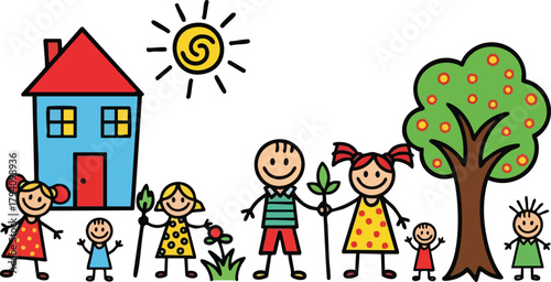 Childlike Drawing of a Happy Family and Home Under a Sunny Sky