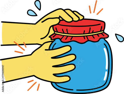 Yellow gloved hands struggle to open a red fabric lidded blue glass jar illustration